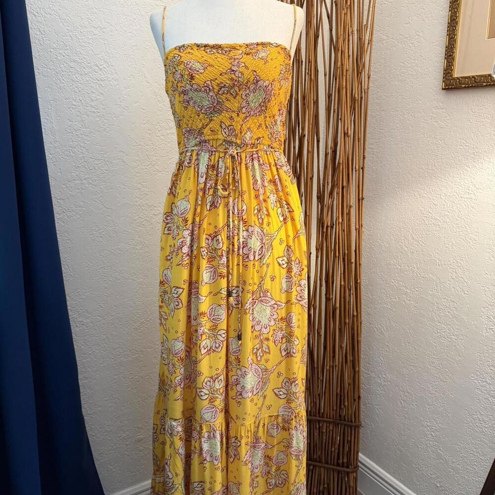 Free People Mustard Yellow floral maxi boho jumper with adjustable straps